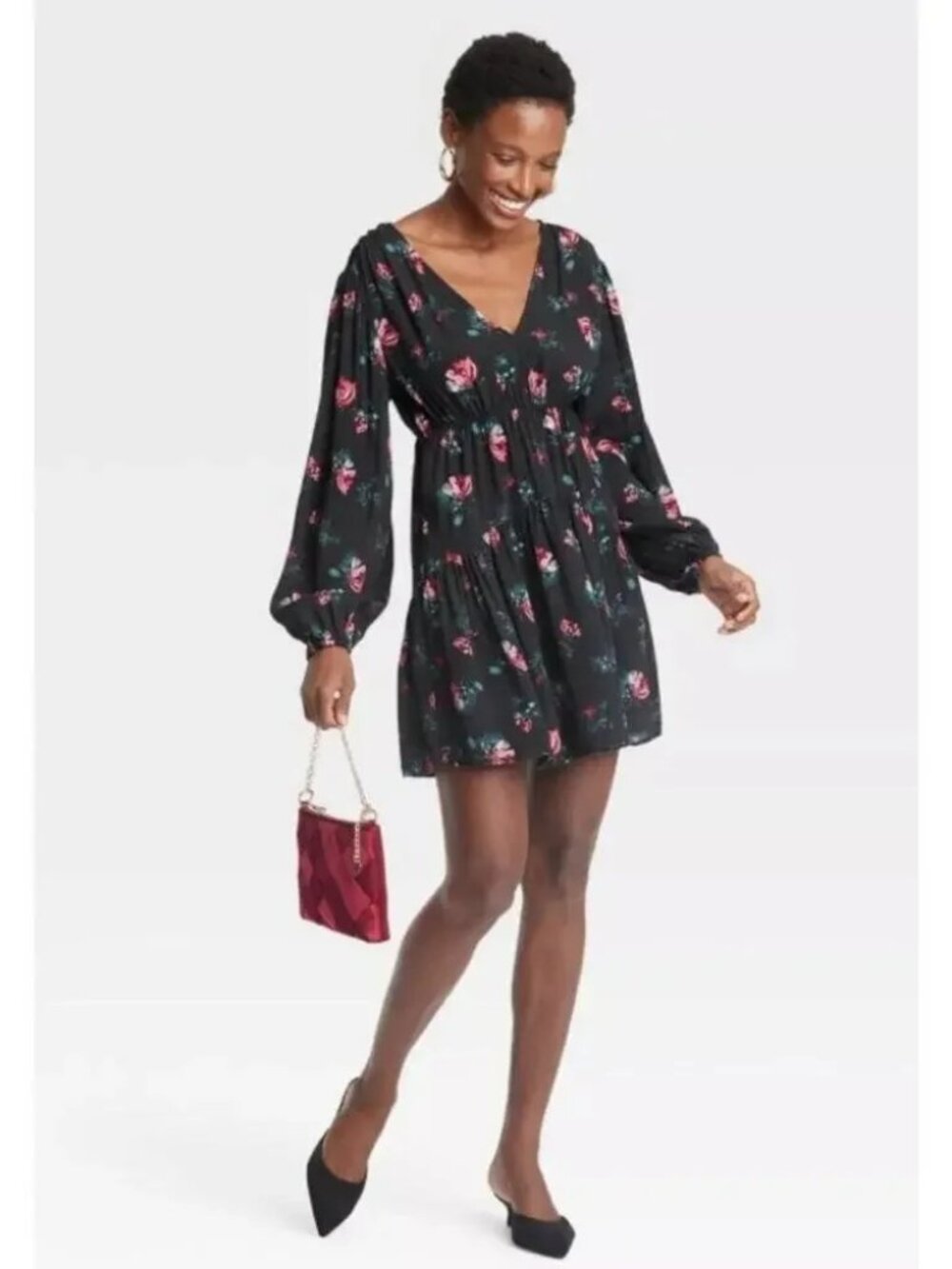 NWT A NEW DAY Dark Navy (or Black) Floral Balloon Sleeves Mini Dress – XL